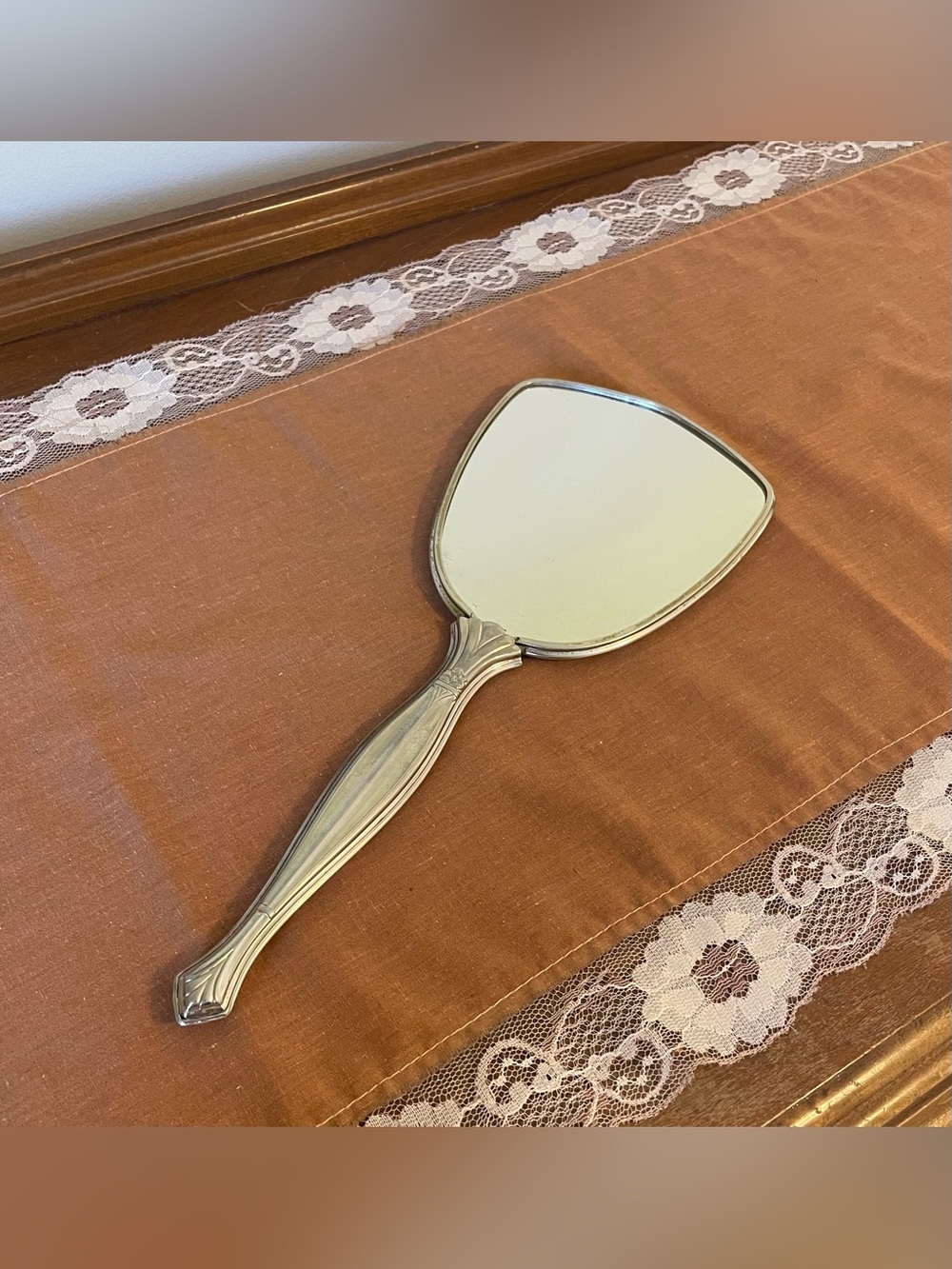 Vintage Silver Tone Lace Back Handheld Vanity Mirror